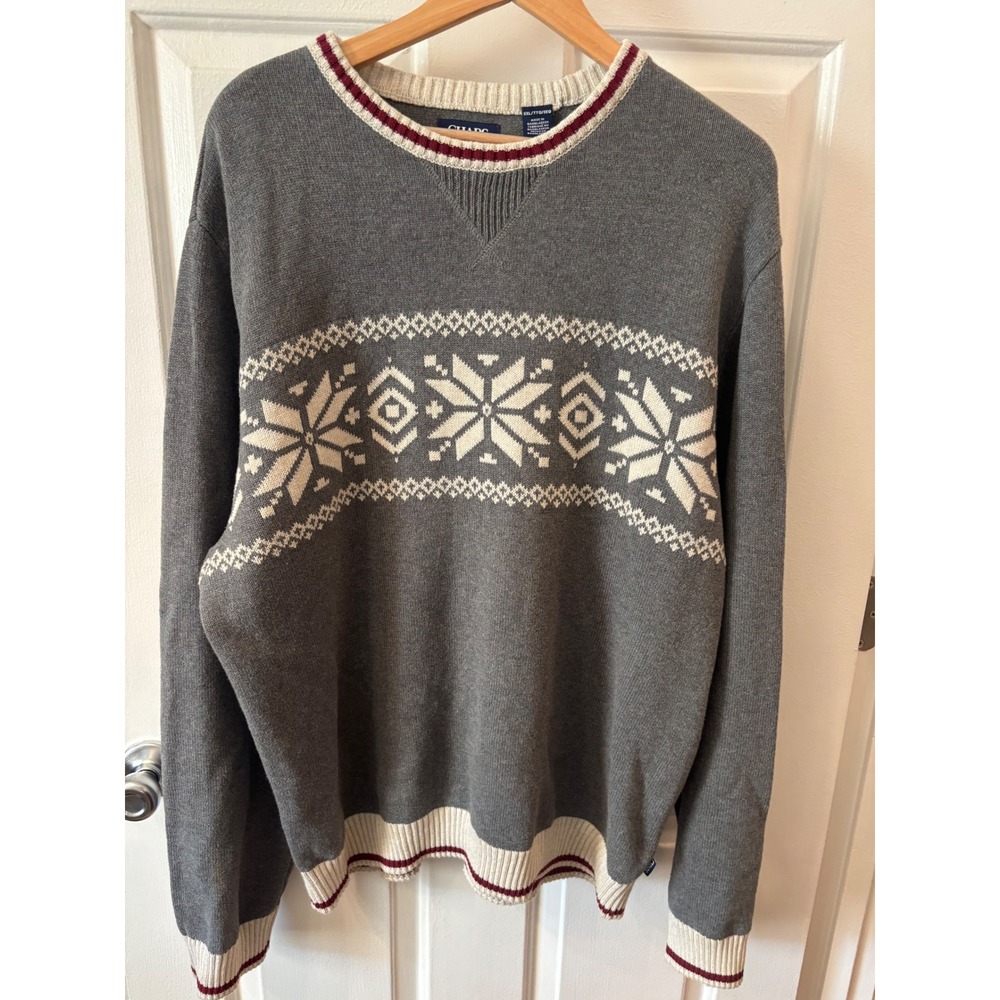 Chaps Mens XXL Gray Fair Isle Snowflake Crewneck Sweater Burgundy Trim Pullover